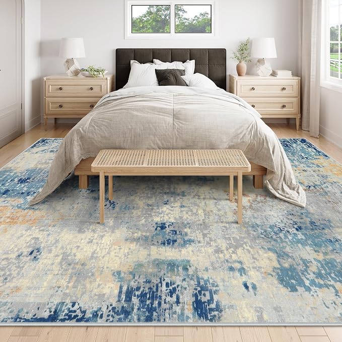 Lahome Modern Abstract 9x12 Area Rugs for Living Room, Washable Living Room Rug for Bedroom Low Pile Non Slip, Soft Indoor Accent Carpet for Dining Room Table Apartment, Blue/Grey