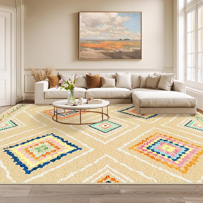 Area Rug 8x10 Rug Machine Washable Non-Slip Low Pile Print Pattern Western Rug for Living Room Bedroom Entryway Tribal Series -Cream/Beige | Soft Western No Slip Low Pile Print Foldable Indoor for Kitchen Dining Room