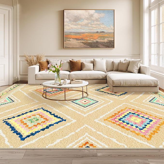 9'x12' Washable Area Rug for Living Room Bedroom Cream/Beige | Soft Western No Slip Low Pile Print Foldable Indoor for Kitchen Dining Room