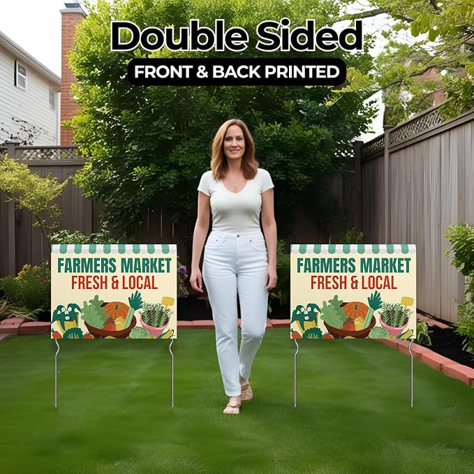 Farmers Market - Fresh & Local! Yard Sign by DC | 24"x18" Double Sided Conv. Store Garden Sign with 13” Metal Stakes | Outdoor Signs Waterproof for Lawn, Patio, Sidewalk & House | Set of 2