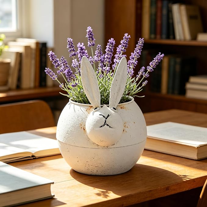 Rustic Metal Bunny Flower Pot, Distressed White Metal Rabbit Succulent Planter, Cute Planter Pot for Indoor Outdoor Home Garden Decor, Farmhouse Bunny Plant Holder