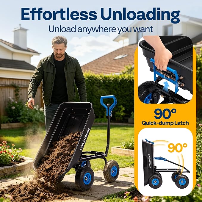 VIVOHOME 660lbs Wheelbarrow Dump Garden Cart with 2-in-1 Convertible Handle | Attach to ATV or Tractor, 10" All Terrain Wheels, Heavy Duty Utility Trailer for Yard