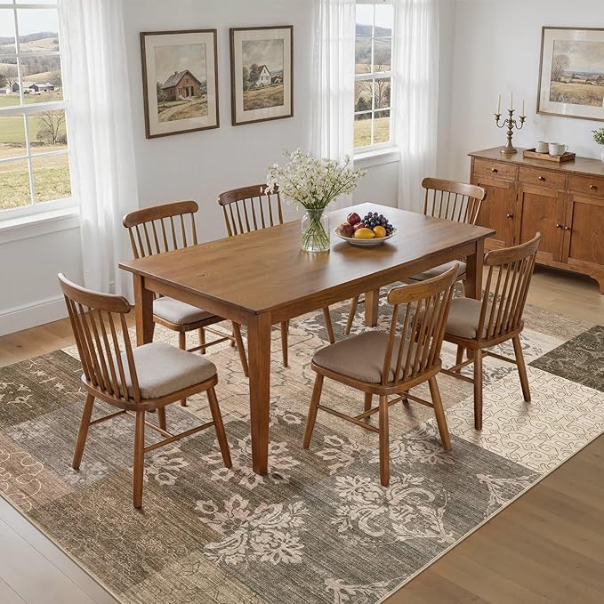 UERMEI 8x10 Area Rug for Living Room, Washable Brown Modern Geometric Patchwork Non Slip Stain Resistant Low Pile Foldable Carpet for Bedroom Dining Farmhouse Home Office