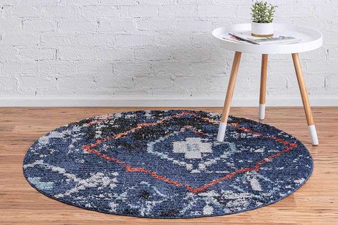 Unique Loom Morocco Collection Tribal, Southwestern, Bohemian Area Rug (4' 0 x 4' 0 Round, Navy Blue/Gray)
