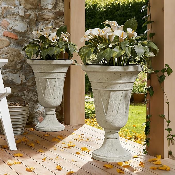 Tall Urn Planters for Outdoor Plants Set of 2-23.6" H Vintage Trophy Design Outdoor Planters for Porch Decor with Drainage Hole, Indoor Large Flower Pots, Pedestal Planter/Garden Vase, Beige