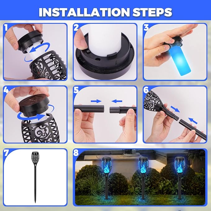Solar Torch Flame Lights, Flickering Flame LED – Waterproof Solar Garden Lights for Patio, Yard, Pathway, Landscape & Backyard Décor (Blue-8 Pack)