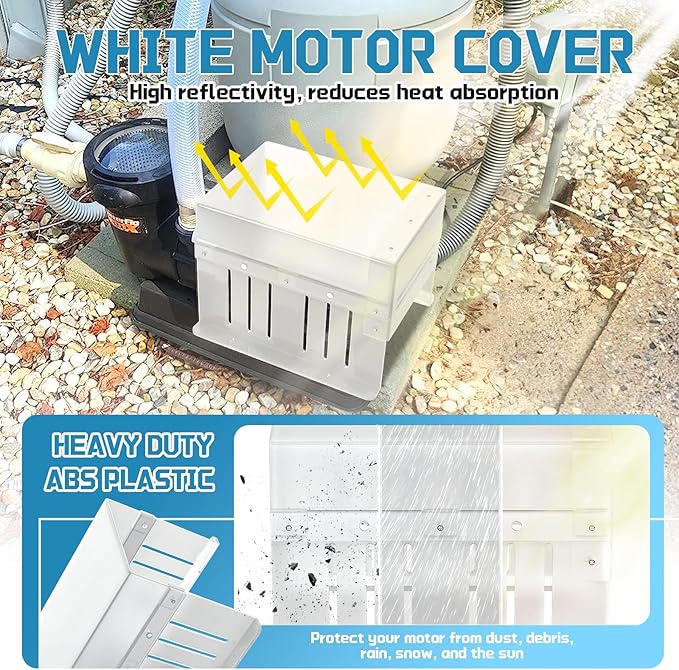 Salcod Pool Pump Cover for Outside Units, UV-Resistant ABS, White | Fits 1/3 to 2 HP Motors, 4.25–5.25 Inch Diameter, UV- and Water-Resistant ABS, Side Vents, Heat-Reflective White