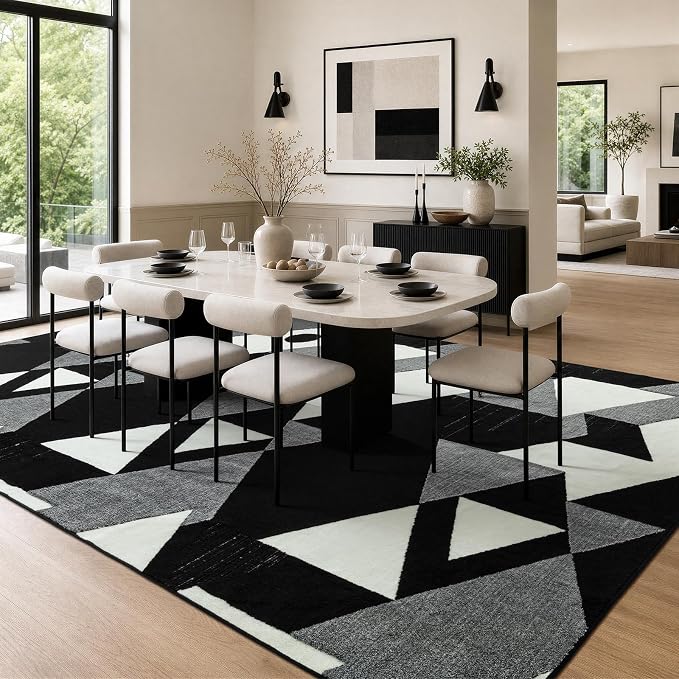 8x10 Black and White Modern Geometric Patchwork Washable Area Rug | Stain-resistant Low-pile Black and Grey Large Carpet, Non Slip Geometric Rug for Living Room Dining Room and Bedroom Floors