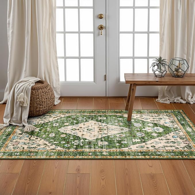Lahome Felice Boho Tribal Runner Rug - 2x4.3 Green Bohemian Kitchen Runners Small Bedroom Rugs, Distressed Soft Washable Non Slip Throw Carpet Runner for Door Mat Laundry Room Bathroom Office Decor