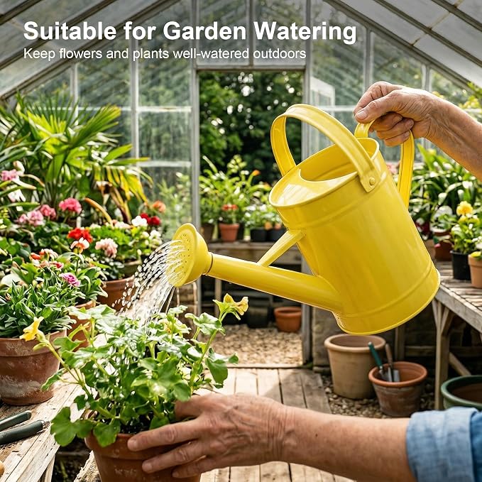 DUSVALLY Yellow Metal Watering Can for Indoor and Outdoor Plants, 55oz Decorative Garden Watering Can with Removable Sprinkler Spout, Small Farmhouse Plant Waterer for Houseplants, Patio, Flowers