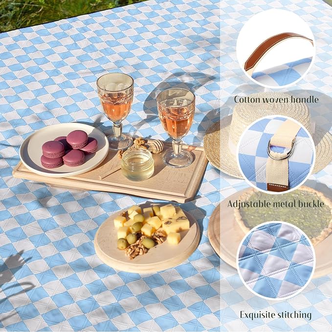 Nuanchu Checkered Picnic Blanket Extra Large Outdoor Blanket Sandproof 80"x80" Waterproof Portable Machine Washable 3 Layer Thick Gingham Picnic Mat for Beach Camping Park Grass Travel(Light Blue)