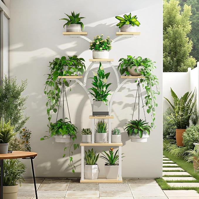 Elbourn 8 Tiered 60" Tall Plant Stand Indoor Shelf with Grow Lights (White) | Corner Shelf Decor
