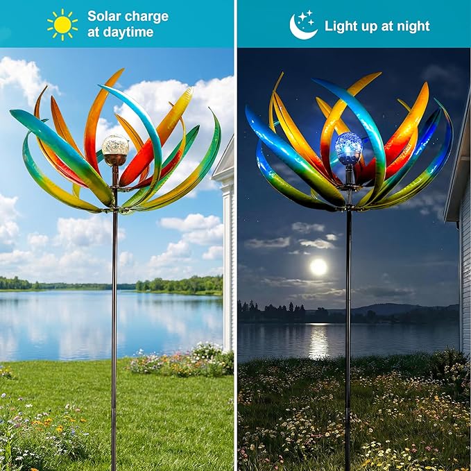 83" Large Solar Wind Spinner Outdoor - Metal Tulip Flower Sculpture with Multi-Color LED Glass Ball - Waterproof Kinetic Yard Art for Garden Lawn Patio, Mother’s Day Birthday Gardening Gifts