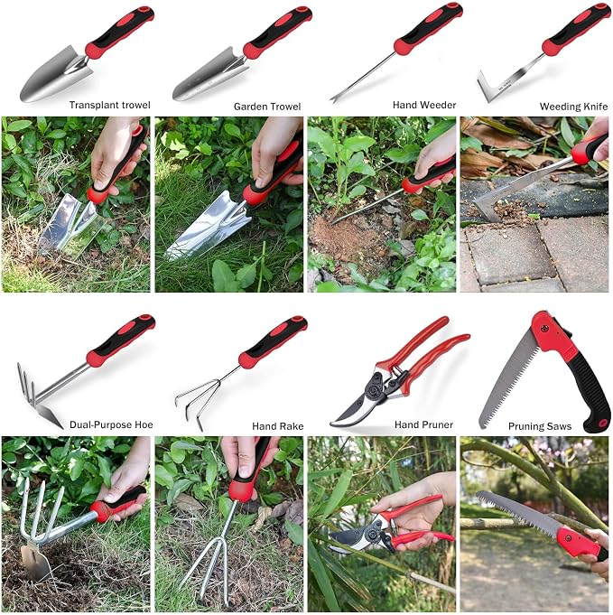 Red Gardening Tools, WisaKey 9 Piece Stainless Steel Heavy Duty Garden Tools with Non-Slip Ergonomic Handle, Garden Tote Bag, Garden kit, Gardening Gifts for Women Mothers
