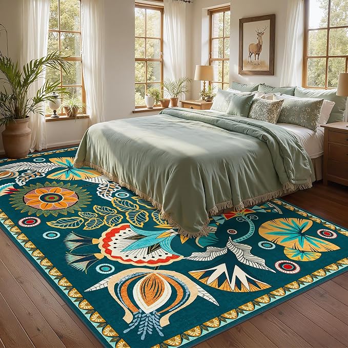 Joydeco Egypt Floral Washable Living Room Rugs 9x12, Dark Green Large Boho Bedroom Dining Room Rug Non Slip, Vintage Low Plie Indoor Throw Rug for Dining Room Nursery Dorm Classroom
