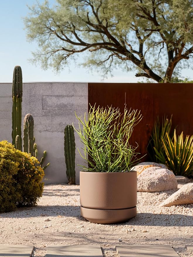 LE TAUCI Large 14 Inch Plant Pot with Saucer | Ceramic Outdoor & Indoor Big Planter Pot | Drainage Hole, Mesh Pad | Unglazed Porous | Modern Minimalist for Home and Patio – Terracotta Color
