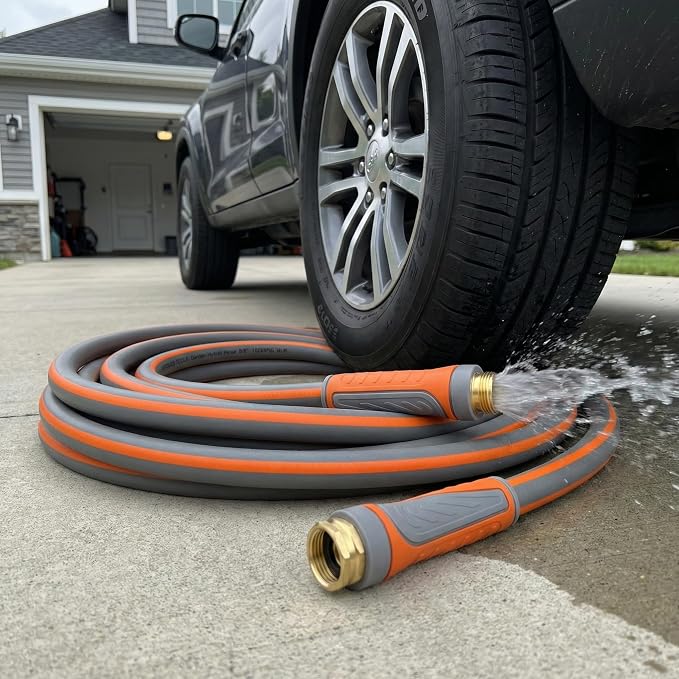 PremiumPro 25FT 5/8" Heavy Duty Reinforced Garden Hose, Large Flow,600 PSI Burst Pressure, Four Layer Hybrid Polymer Anti Kink with 360 Swivel Brass Connectors and handle for yard,washing & irrigation