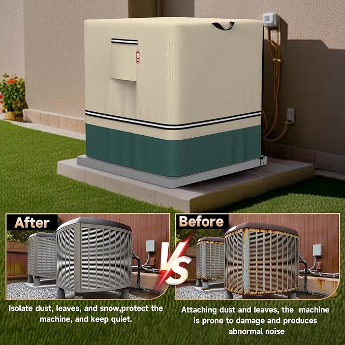 LXKCKJ Air Conditioner Cover for Outside Units - 420D Heavy-Duty Waterproof Winter AC Cover, All-Weather Protection for HVAC Condenser Units, Fits 28''LX28''WX32''H Outdoor AC Unit(Beige&Green)