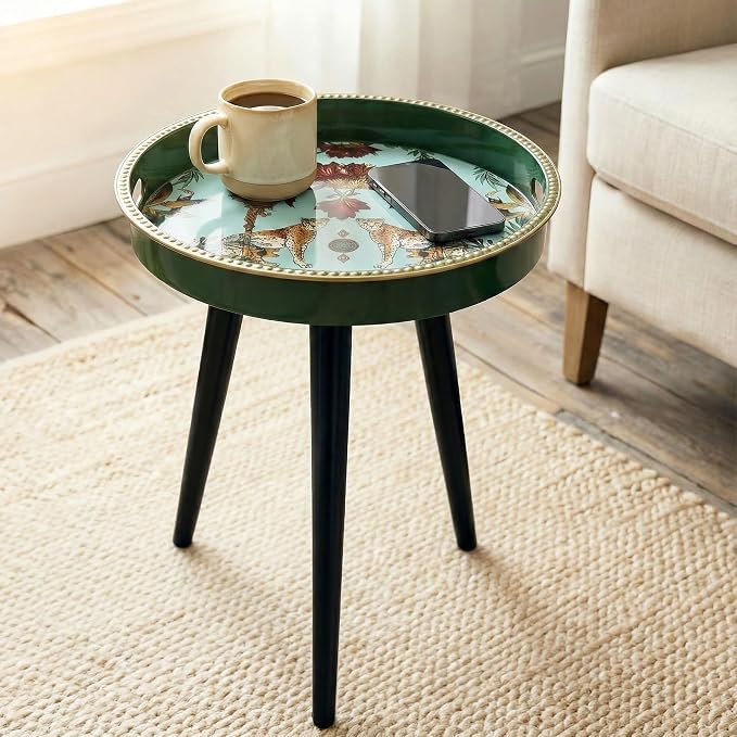 Small Round Side Table - 13 Inch Emerald Green Boho End Table with Vintage Cheetah Pattern Tray - Unique Tropical Accent Table with Moisture-Resistant Wrapped Legs for Living Room & Bedroom