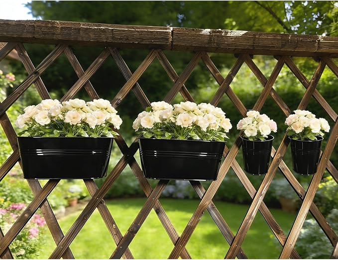Set of 6 Balcony Hanging Planters, 2 Pcs 17" Metal Railing Flower Pots & 2 Pcs 12" Deck Planter & 2 Pcs 4" Fence Pot for Outdoor Patio Garden Décor, Black