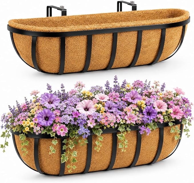 24" Railing Planter with Adjustable Brackets, Window Box with Coco Liner, Hanging Flower Metal Box for Indoor Outdoor, Balcony Deck Fence Porch Patio, Black, Set of 2