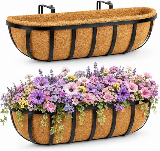 24" Railing Planter with Adjustable Brackets, Window Box with Coco Liner, Hanging Flower Metal Box for Indoor Outdoor, Balcony Deck Fence Porch Patio, Black, Set of 2