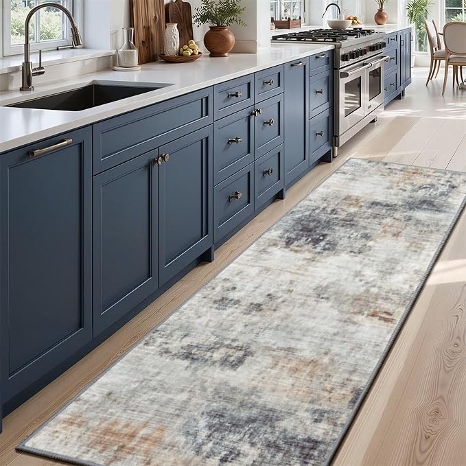 Toneed Washable 2x6 Non-Slip Runner Rug for Hallway Kitchen, Grey/Brown | Abstract Soft Modern Low Pile Area Rugs for Bedroom Laundry Living room,Indoor Carpet for Bedside Home Decor