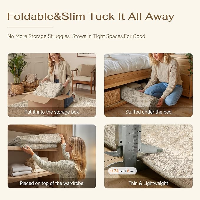 2x6 Taupe Washable Runner Rug Non Slip Vintage Carpet | Low Pile, Stain Resistant, Living Room, Kitchen, Bedroom, Entryway, Laundry Room, Hallway, Soft, Thin, Lightweight