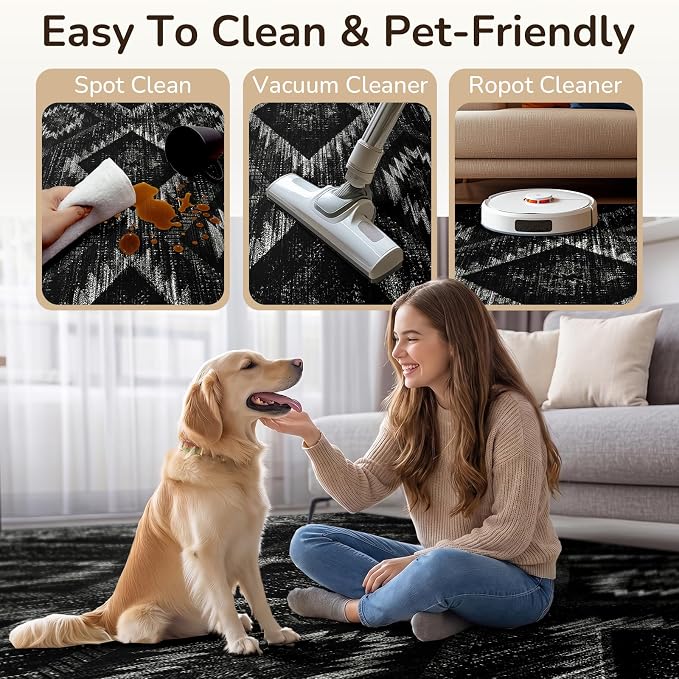 2'x3' Washable Samll Rug for Living Room Black | Western No Slip Low Pile Print Foldable Indoor Small Rug for Kitchen entryway doormat