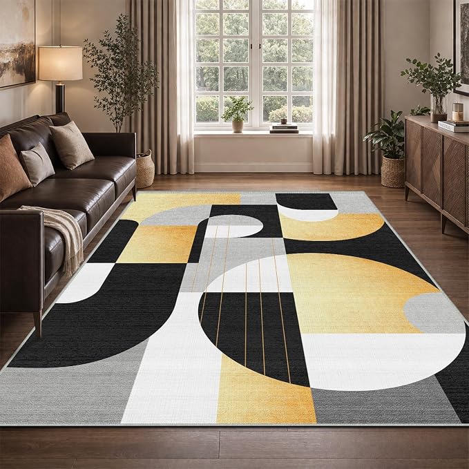 5x7 Black and Gold Geometric Modern Area Rug for Living Room Bedroom Abstract Large Rug Machine Washable Non-Slip Carpet for Dining Room Office