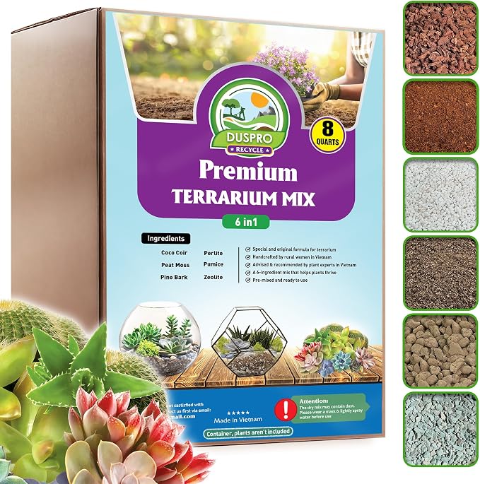 DUSPRO Premium 6in1 Terrarium Soil Mix – Pre-Mixed Terrarium Substrate Mix for Terrariums, Balanced Moisture Growing Medium with Coco Coir, Peat Moss, Pine Bark, Perlite, Pumice & Zeolite 8QRT