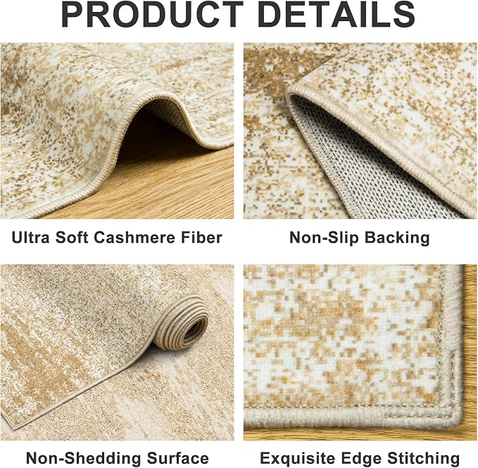 PLHXFR Area Rug Living Room: 4x6 Modern Abstract Washable Carpet Beige | For Bedroom Dining Room Farmhouse Nursery Home,Machine washable,Non Slip,Large Soft Neutral,Stain Resistant, Indoor Floor
