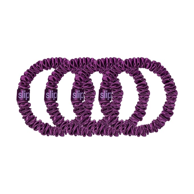 Slip Silk Hair Ties — Skinny Silk Dark Purple Scrunchies, No Damage, No Crease, Anti-Breakage |100% Mulberry Silk | All Hair Types | Made with Proprietary Slipsilk™ | Set of 4