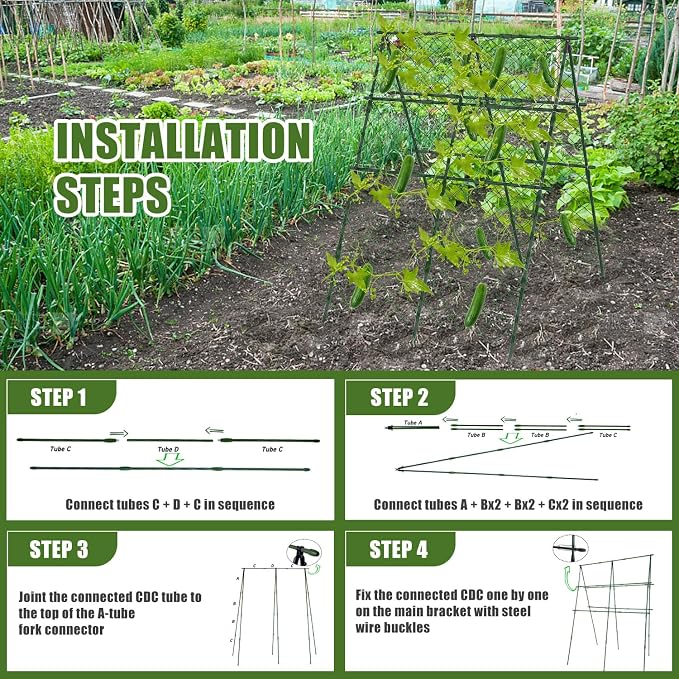 63"H x 47"L Cucumber Trellis for Raised Bed, Adjustable Garden Trellis for Climbing Plants Outdoor with Climbing Net and Plant Support Clip, A-Frame Trellis for Vegetable, Cucumbers, Tomatoes