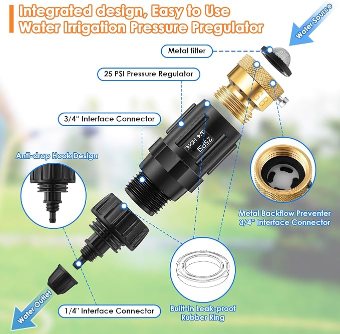 Drip Irrigation Faucet Adapter 25 PSI, 1/4" Tubing Quick Connect to 3/4" Garden Hose with Backflow Preventer, Filter, Tape, Pressure Regulator, Copper Drip Irrigation System Fittings (4 Pack)
