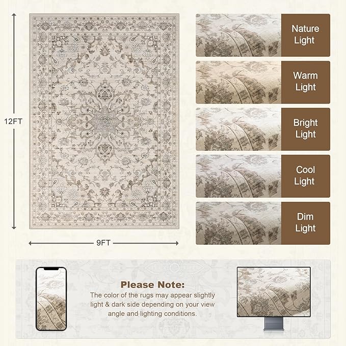 9x12 Area Rugs Living Room: Washable Rug for Bedroom Brown Beige | Vintage No Slip Stain Resistant Rug Soft Indoor Decor Floor Floral Area Rugs for Dining Room, Nursery, Hallway, Home Office