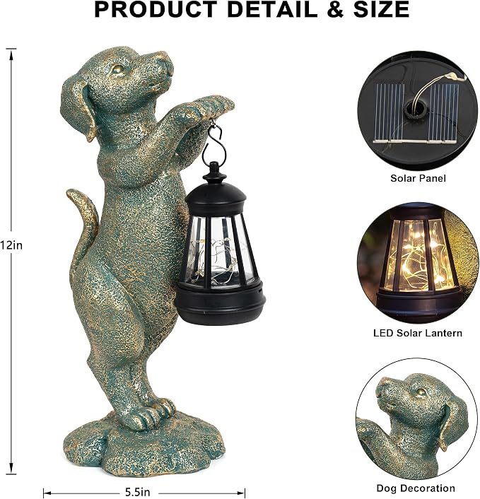Solar Dog Garden Statue - Puppy Holding Lantern Outdoor Decor, Waterproof Resin Yard Art Figurine with Warm LED Light for Lawn, Patio, Porch & Pathway, Perfect Housewarming Gift for Dog Lovers