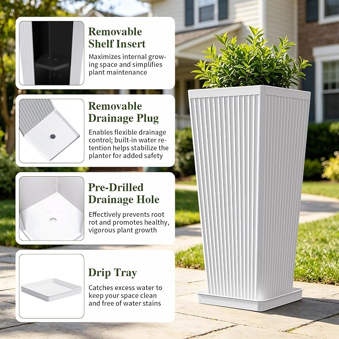 Front Porch Planters Outdoor Set of 2, 24" Tall Plastic Planters for Outdoor Plants with Drainage, Extra Large Outdoor Planter Pots, Tapered Tall Planters for Front Door & Indoor Plants, White
