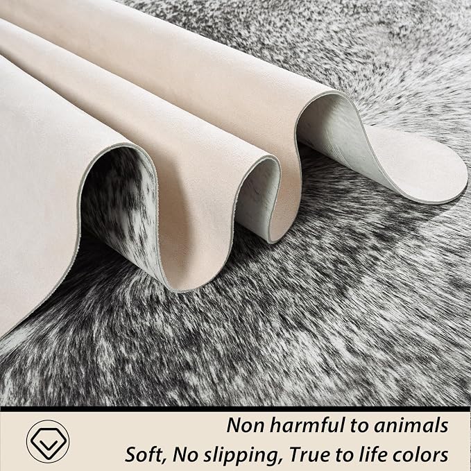 Large Washable Faux Cowhide Rug 6x7 Grey, Modern Farmhouse Animal Skin Area Rugs, Non Slip Cow Print Carpet for Large Living Room Bedroom Office, Vintage Aesthetic Floor Mat