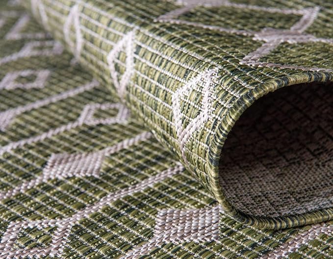 Unique Loom Outdoor Trellis Collection Area Rug - Tribal Trellis (2' x 6' 1" Runner, Green/ Natural)