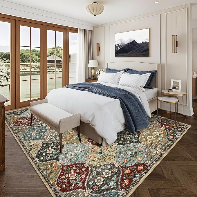ROYHOME Area Rug - 5x7 Trellis Non-Slip Machine Washable Rug Red/Brown | Vintage Distressed Floral Carpet Stain Resistant Accent Rug Farmhouse Floor Cover for Dining Bedroom Decor