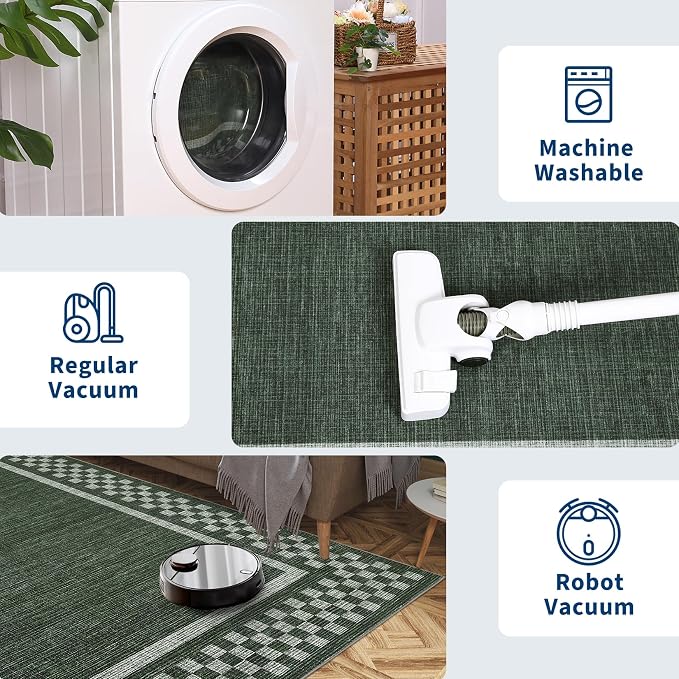GarveeHome Washable Area Rugs 10x13 Non Slip Soft Large Living Room Rug | Modern Checkered Bedroom Rug Soft Geometric Bordered Throw Carpet for Dining Room Home Decor Office Nursery, Green