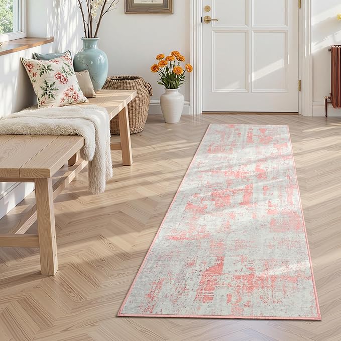 Toneed Washable 2x6 Non-Slip Runner Rug for Hallway Kitchen, Pink Grey | Abstract Soft Modern Low Pile Area Rugs for Bedroom Laundry Living room,Indoor Carpet for Bedside Home Decor