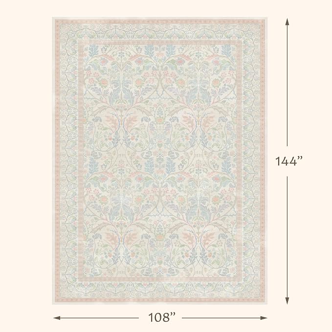 Washable Big 9x12 Floral Cute Rugs for Bedroom, Shabby Chic Large Oushak Area Rug for Living Room, Low Pile & Soft Carpet with Botanical and Wildflower Pattern (Pink and Blue)