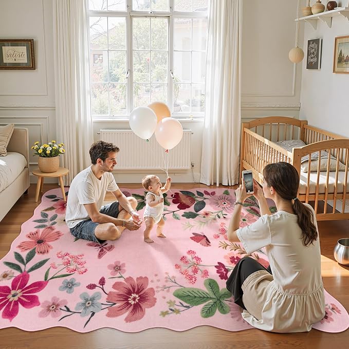 Lahome Floral Living Room Rugs, Washable Pink Area Rugs 5x7 Rug for Bedroom | Ultra-Thin Soft Rug Non-Slip Washable Rugs Throw Boho Rug for Nursery Playroom Classroom Flore (5x7ft, Pink)
