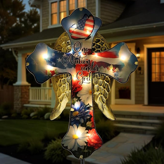 33.5" Independence Day Solar Cross Garden Stake – Angel Wing Memorial Light, IP65 Waterproof Cemetery Decor for Graves, Outdoor Yard Art for Fourth of July, Easter, Patio – Sympathy Gift