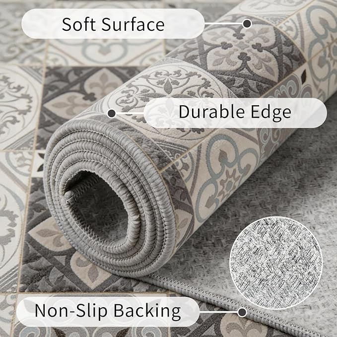 Washable Geometric Moroccan Area Rug 8x10, Non-Slip Low-Pile Stain Resistant Modern Indoor Carpet for Living Room Dining Room Bedroom Office, Grey Brown