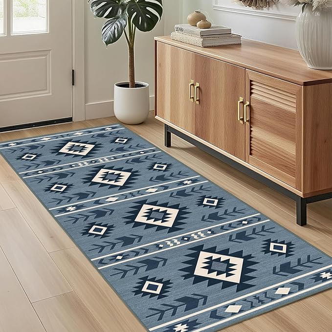 Western Runner Rug 2x6 for Hallway Kitchen Bedroom, Southwestern Aztec Tribal Runner Rugs Southwest Navajo Machine Washable Rug Non-Slip Printed Low-Pile Floor Carpet Mat for Living Room, Blue