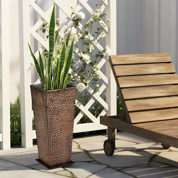 BAYN 2-Pack 24" Tall Metal Planter – Hand-Hammered Textured Large Bronze Flower Pots Box with Saucer for Outdoor&Indoor, Garden, Porch, Patio, Yard with Pre-Drilled Drainage Holes
