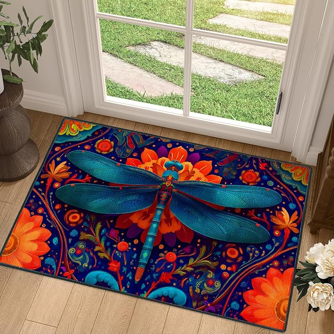 Dragonfly Floral 2x3 Entry Rug,Washable Small Rugs for Entryway Kitchen Bathroom Door Mat Indoor Entrance,Non Slip Rubber Backing,Stain & Fade Resistant,Vibrant Boho Farmhouse Decor